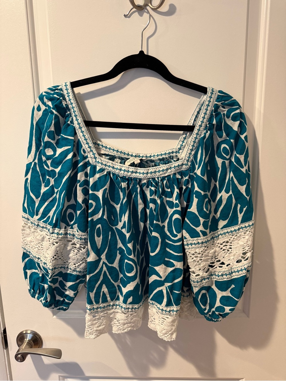 Rachel Zoe Teal and White Peasant Blouse with Lace Insets